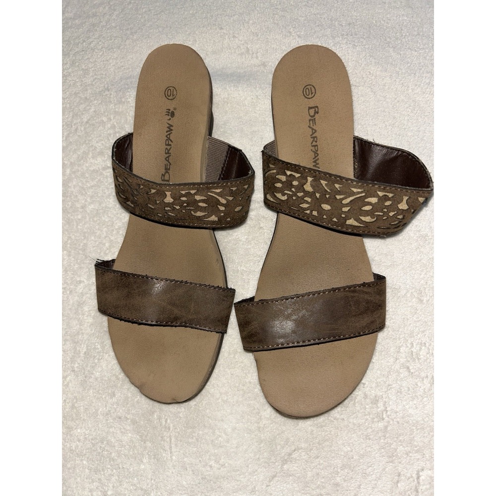 BEARPAW Brown Leather Slide Sandals Women Laser Cut Slip On Lightweight Casual